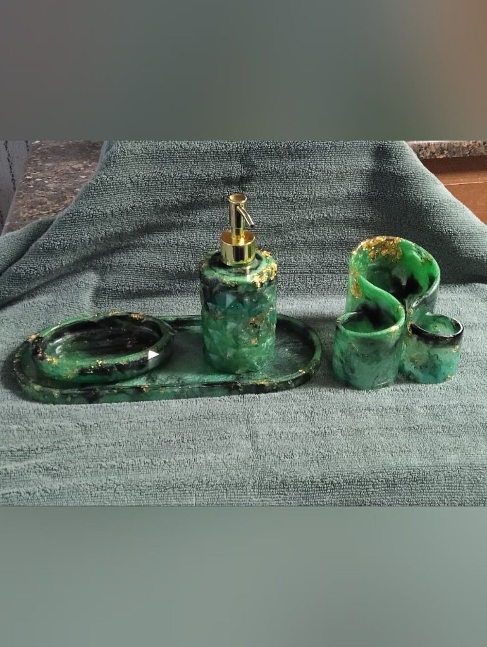 Handcrafted Green Marble Bath Accessory Set with Gold Accents